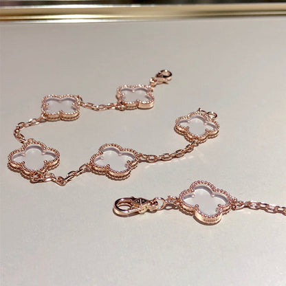 [Luxe]CLOVER 5 MOTIF ROCK CRYSTAL PINK GOLD BRACELET