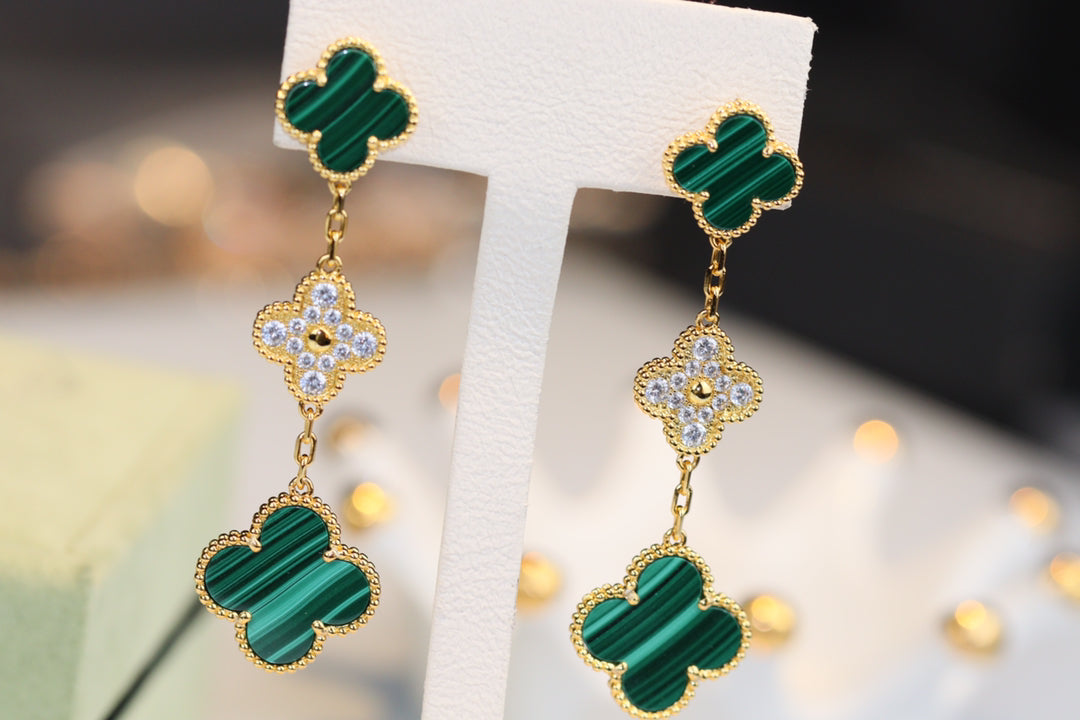 [Luxe]CLOVER EARRINGS GOLD MALACHITE DIAMOND 3 MOTIF