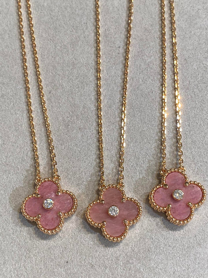 [Luxe]CLOVER 15MM DIAMOND RHODONITE NECKLACE