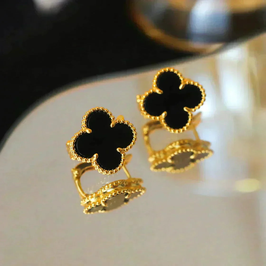 [Luxe]CLOVER MEDIUM 1 MOTIFS  ONYX STUD EARRINGS