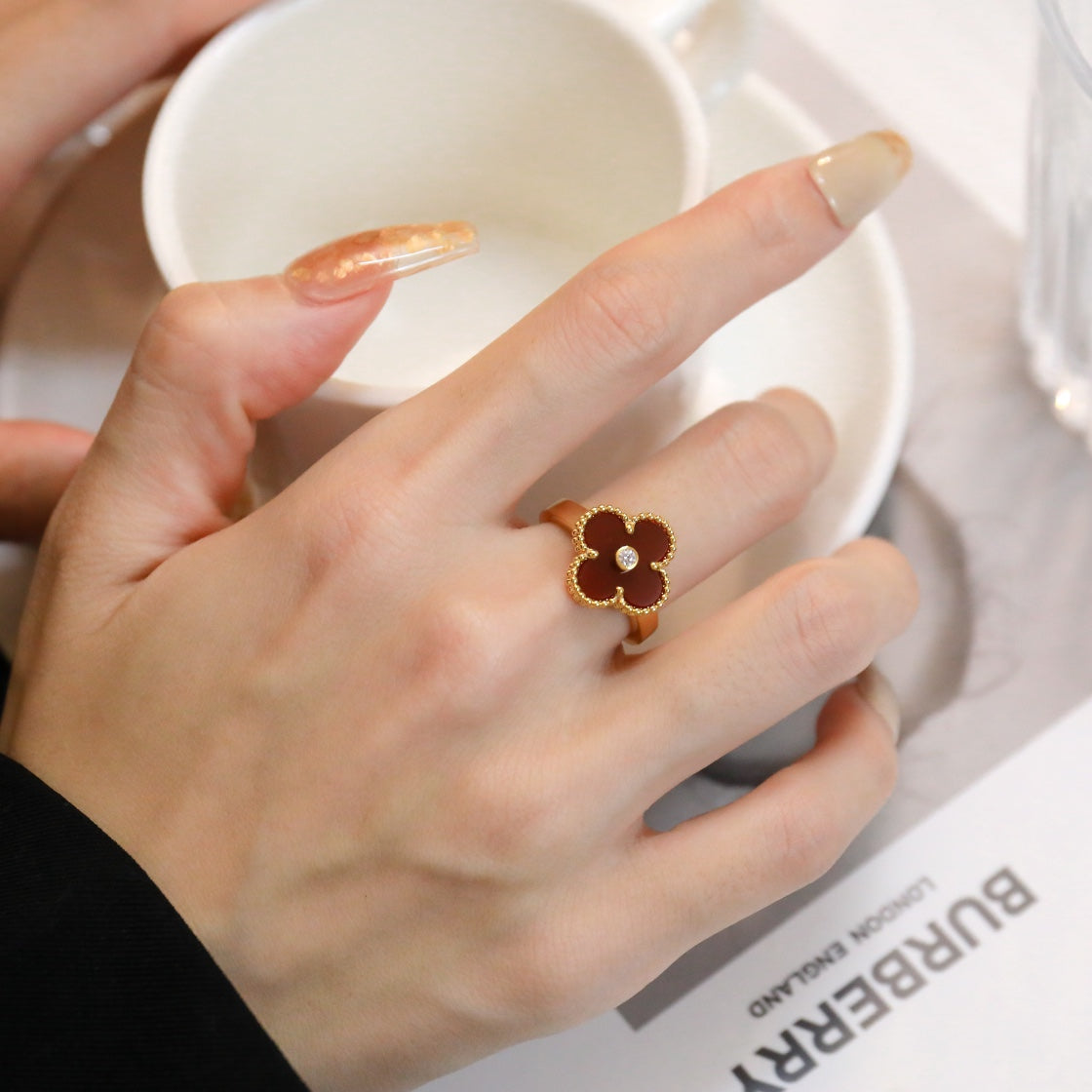 [Luxe]CLOVER CARNELIAN RING ROSE GOLD DIAMOND