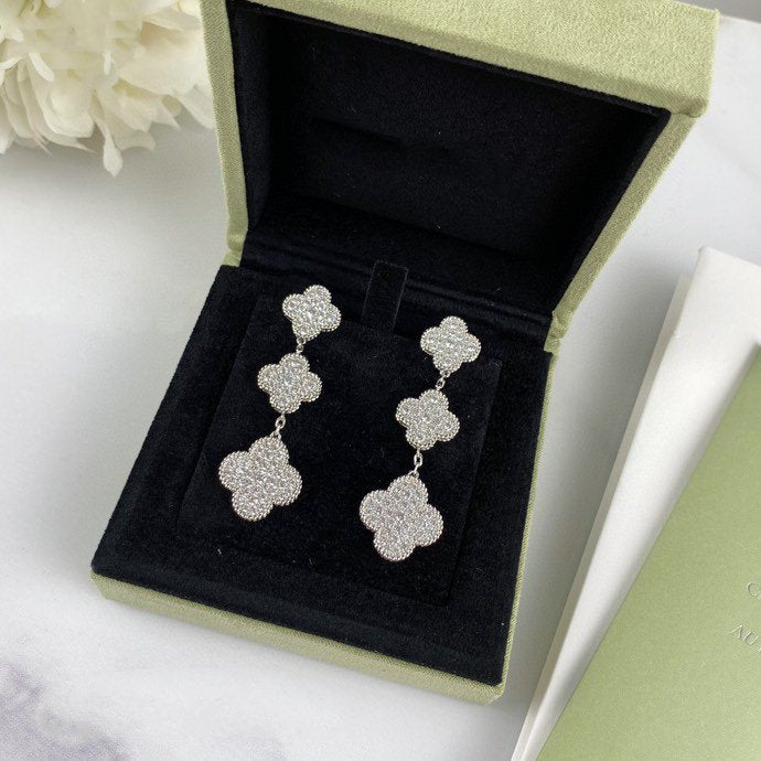 [Luxe]CLOVER 3 MOTIF DIAMOND SILVER DROP EARRINGS