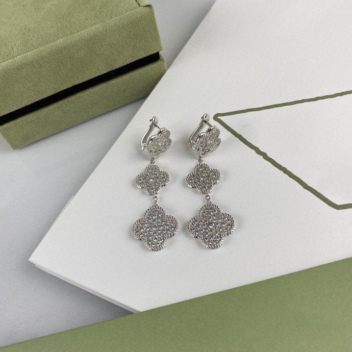 [Luxe]CLOVER 3 MOTIF DIAMOND SILVER DROP EARRINGS