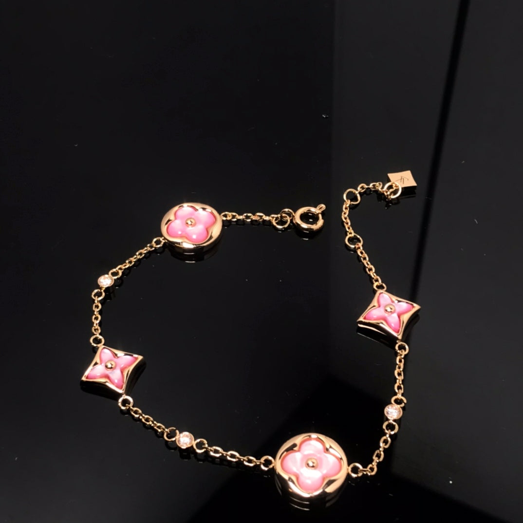 [Luxe]Armband mit Stern und Sonne, 4 Motiven, rosa Perlmutt, rosa Gold 