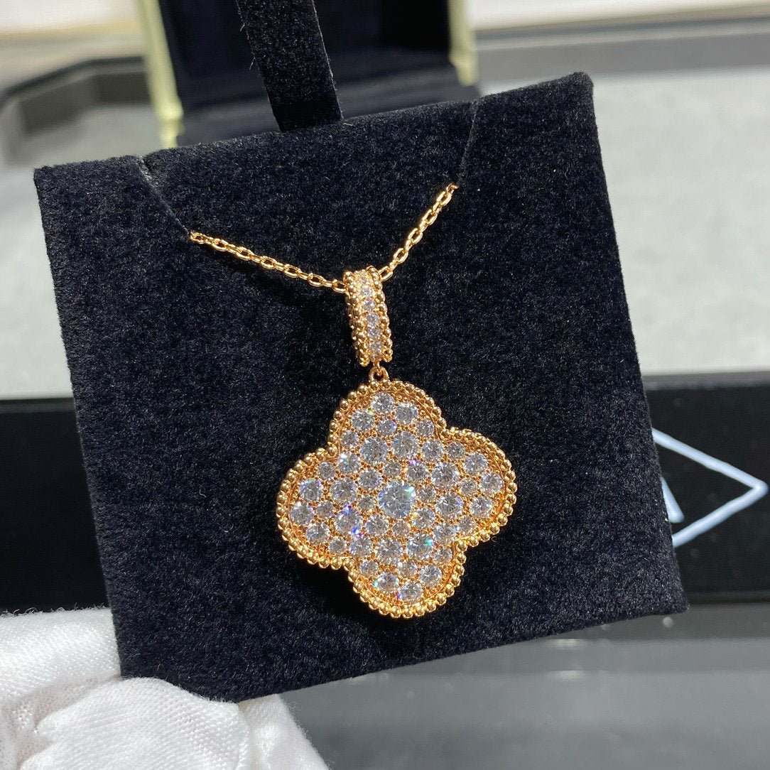 [Luxe]CLOVER 25MM LARGE PEDANT DIAMOND PAVED LONG NECKLACE