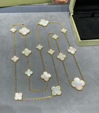 [Luxe]CLOVER 16 MOTIF WHITE MOP GOLD NECKLACE