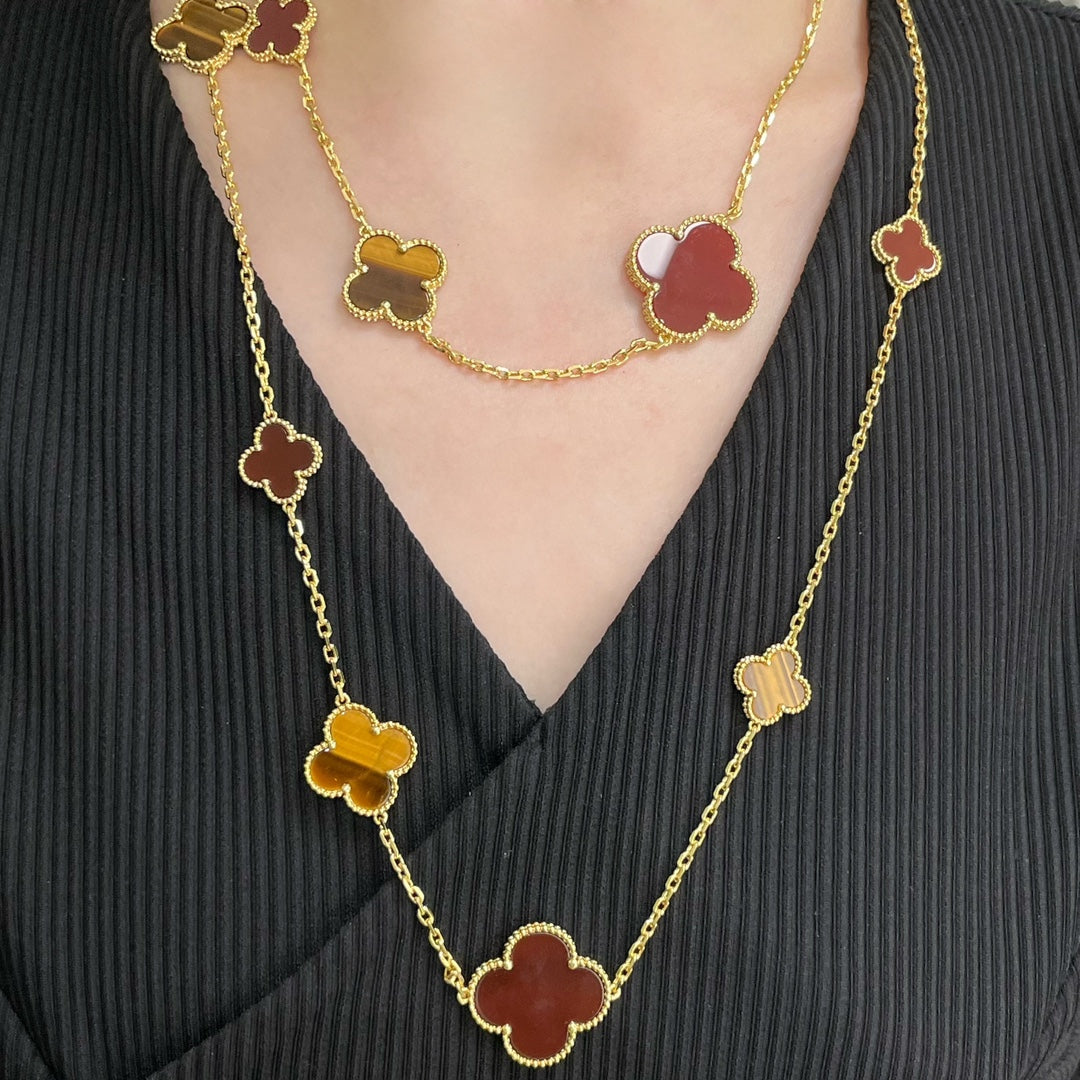 [Luxe]CLOVER 16 MOTIF CARNELIAN TIGER EYE ROSE GOLD NECKLACE