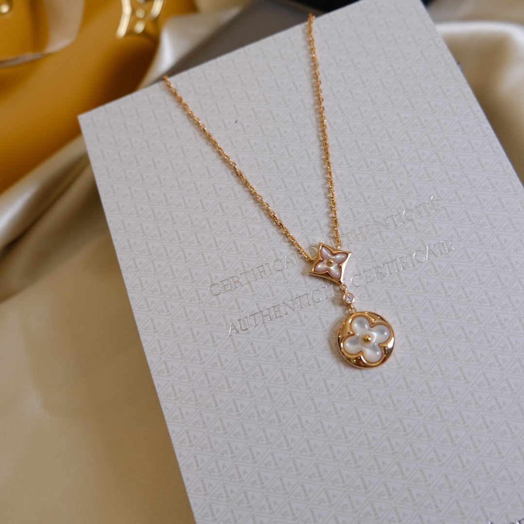 [Luxe]STAR AND SUN WHITE MOP 2 MOTIF PINK GOLD NECKLACE