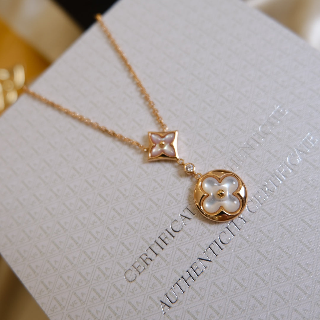 [Luxe]STAR AND SUN WHITE MOP 2 MOTIF PINK GOLD NECKLACE