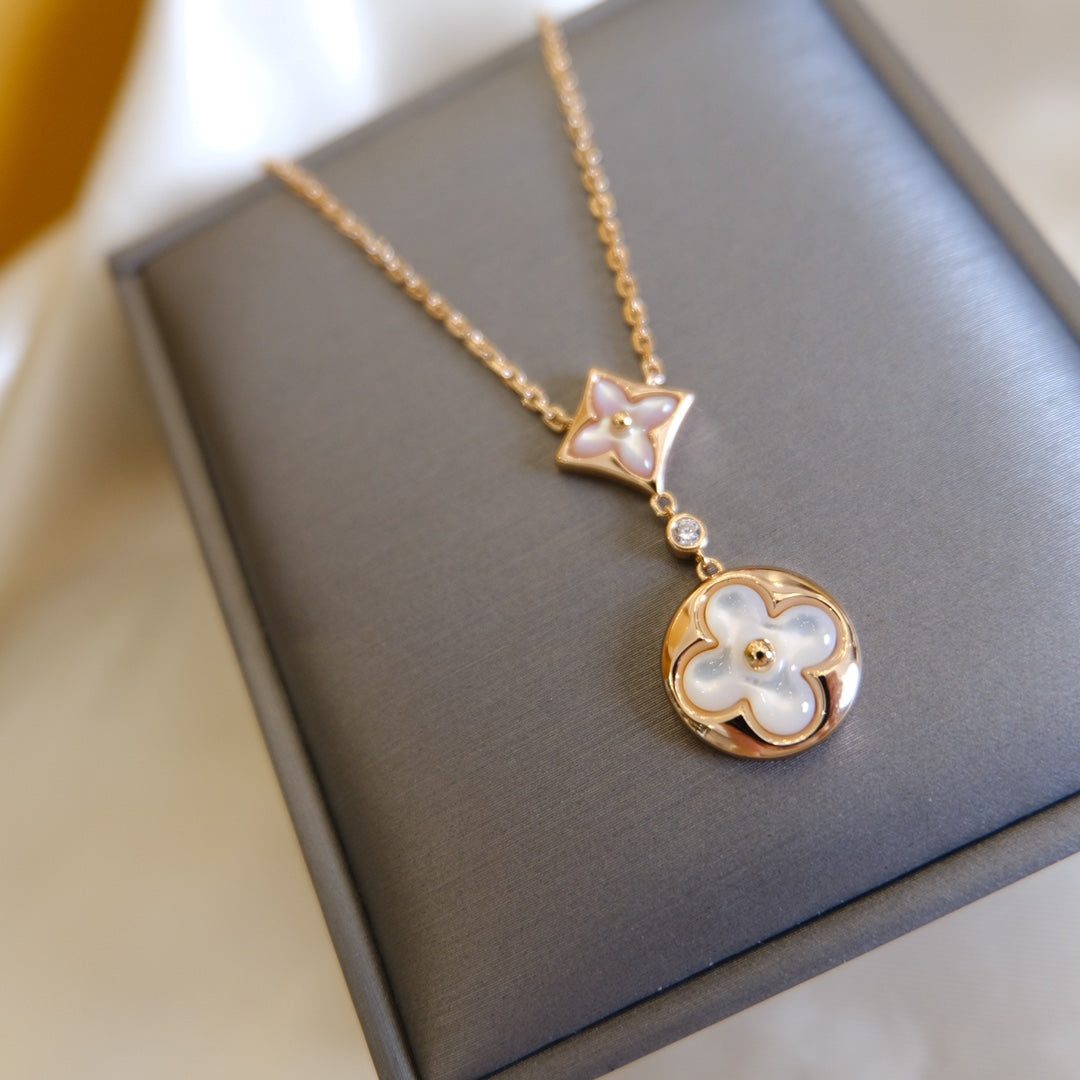 [Luxe]STAR AND SUN WHITE MOP 2 MOTIF PINK GOLD NECKLACE