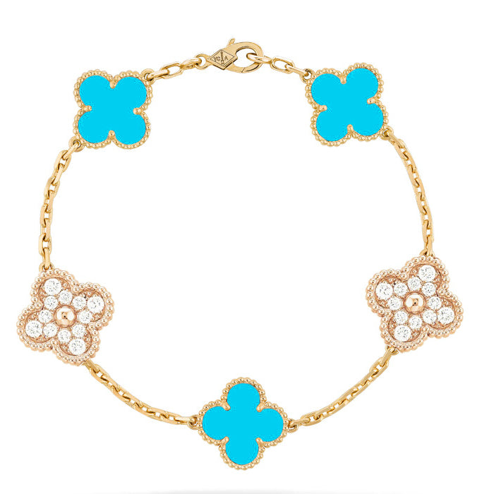 [Luxe]CLOVER 5 MOTIF TURQUOISE DIAMOND GOLD BRACELET