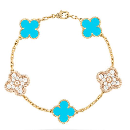 [Luxe]CLOVER 5 MOTIF TURQUOISE DIAMOND GOLD BRACELET