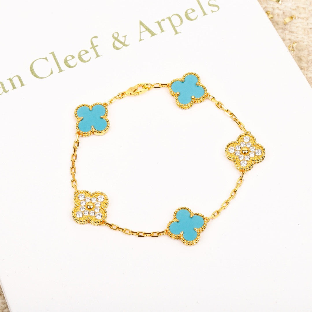 [Luxe]CLOVER 5 MOTIF TURQUOISE DIAMOND GOLD BRACELET