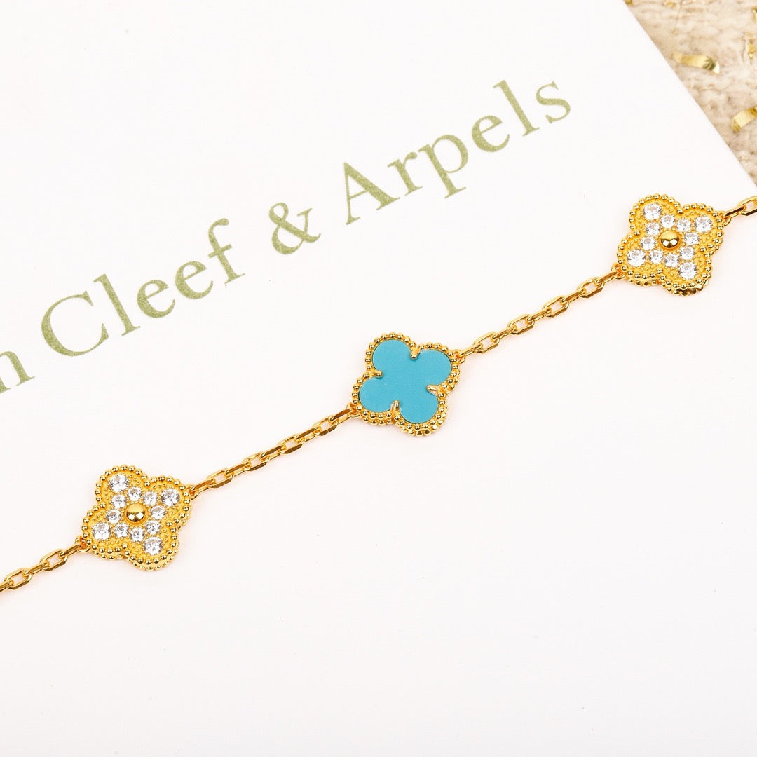 [Luxe]CLOVER 5 MOTIF TURQUOISE DIAMOND GOLD BRACELET