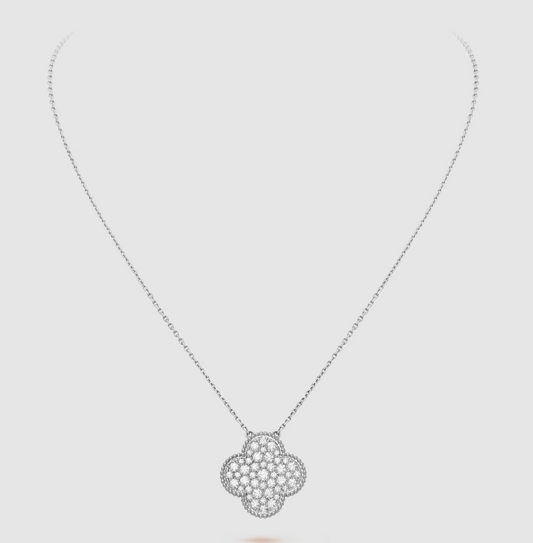 [Luxe]CLOVER 25MM LARGE PENDANT DIAMOND PAVED SILVER NECKLACE