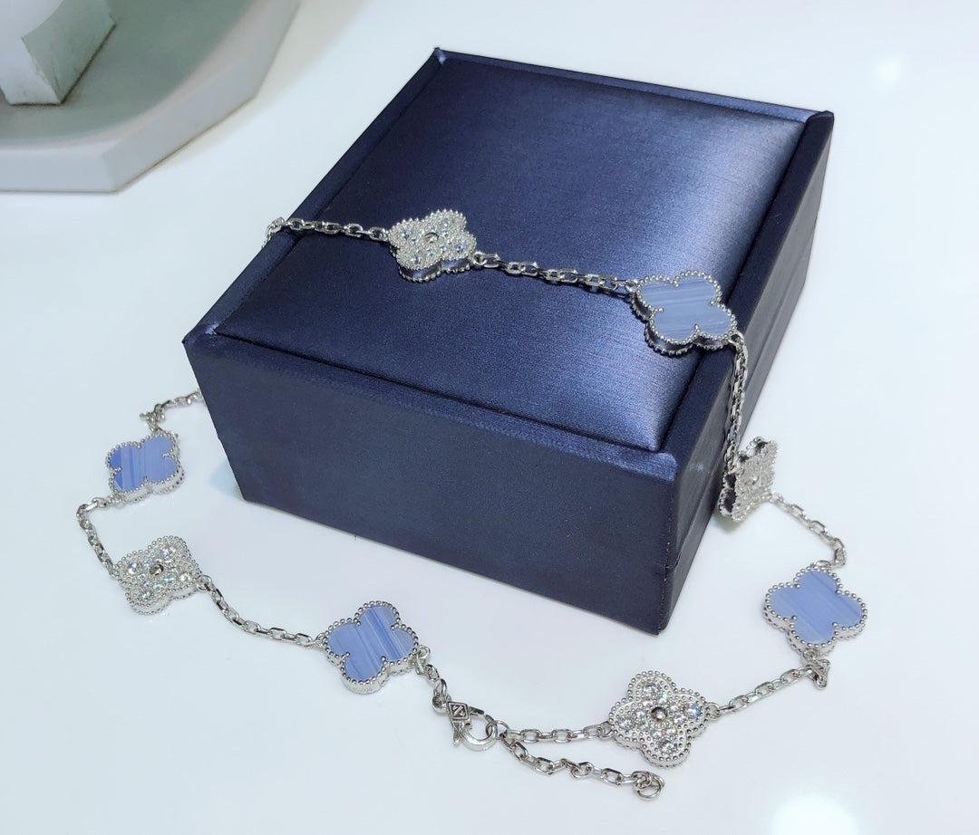 [Luxe]CLOVER 10 MOTIFS CHALCEDONY DIAMONDS SILVER NECKLACE